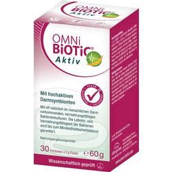 Die Verpackung von Omni Biotic Aktiv zeigt ein Nahrungsergänzungsmittel für die Darmgesundheit.